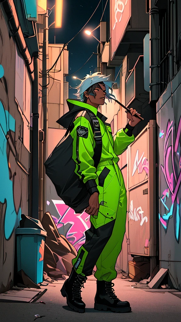 a rock drummer wearing a garbage collector uniform, including a neon jumpsuit and boots, playing the drums with vigor, positioned in a night urban alley with a garbage truck in the background, the truck and streetlights illuminating the graffiti-covered walls, the drummer has an expression of concentration and energy while forcefully hitting the drumsticks, the scene conveys a sense of rebellion and passion for music