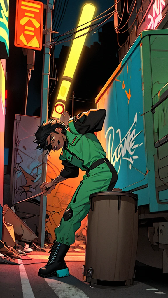 a rock drummer wearing a garbage collector uniform, including a neon jumpsuit and boots, playing the drums with vigor, positioned in a night urban alley with a garbage truck in the background, the truck and streetlights illuminating the graffiti-covered walls, the drummer has an expression of concentration and energy while forcefully hitting the drumsticks, the scene conveys a sense of rebellion and passion for music