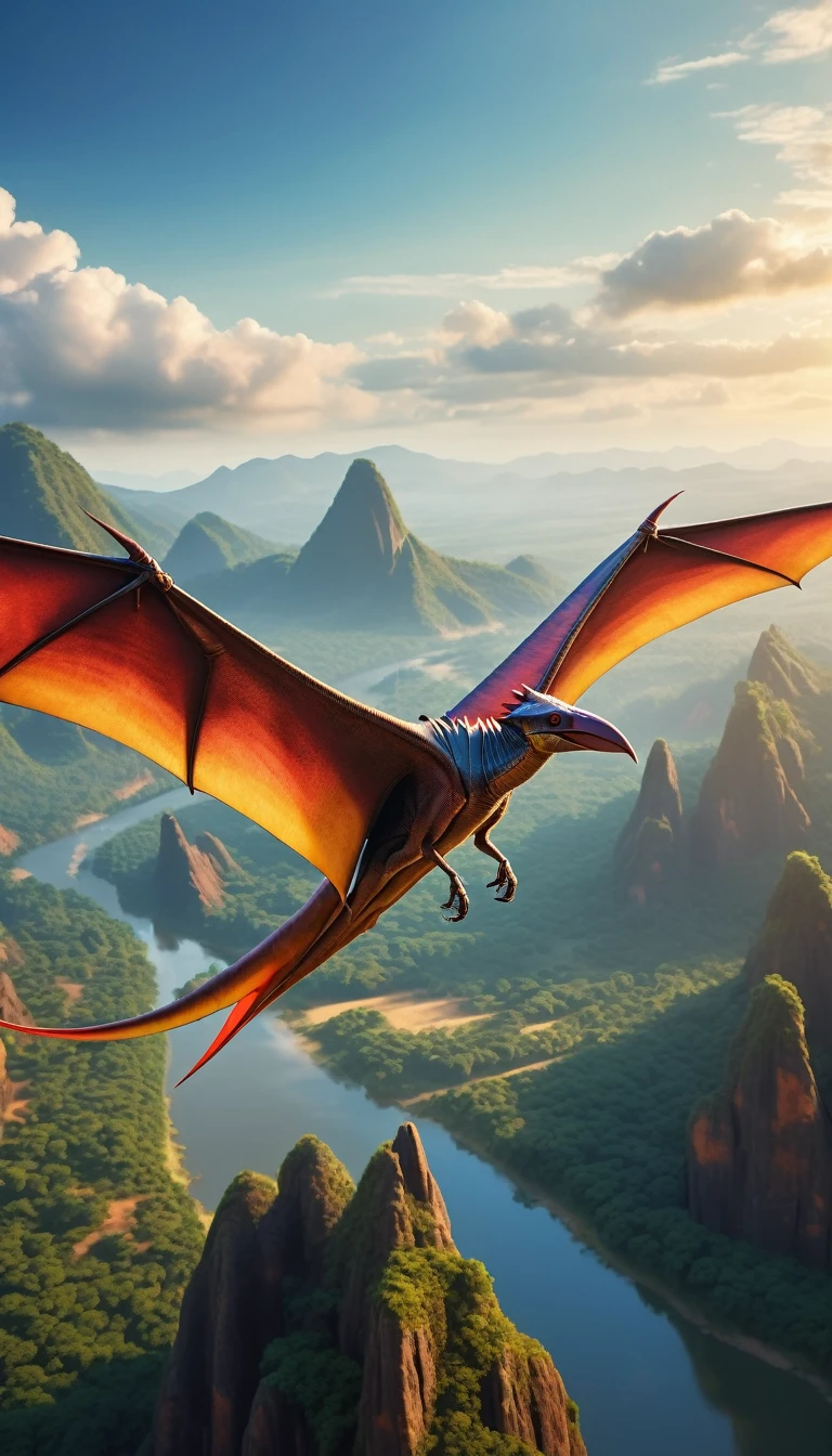 Pteranodon, soaring in the sky, prehistoric landscape, detailed wings, dynamic pose, vivid colors, photorealistic, realistic lighting, cinematic shot, ultra-high definition, majestic