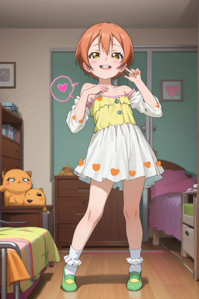 ,girl,happy,smile,,rin hoshizora ,open mouth,,looking viewer,,spoken heart,6yo,(petite),flat chest,grin,my room,socks,,