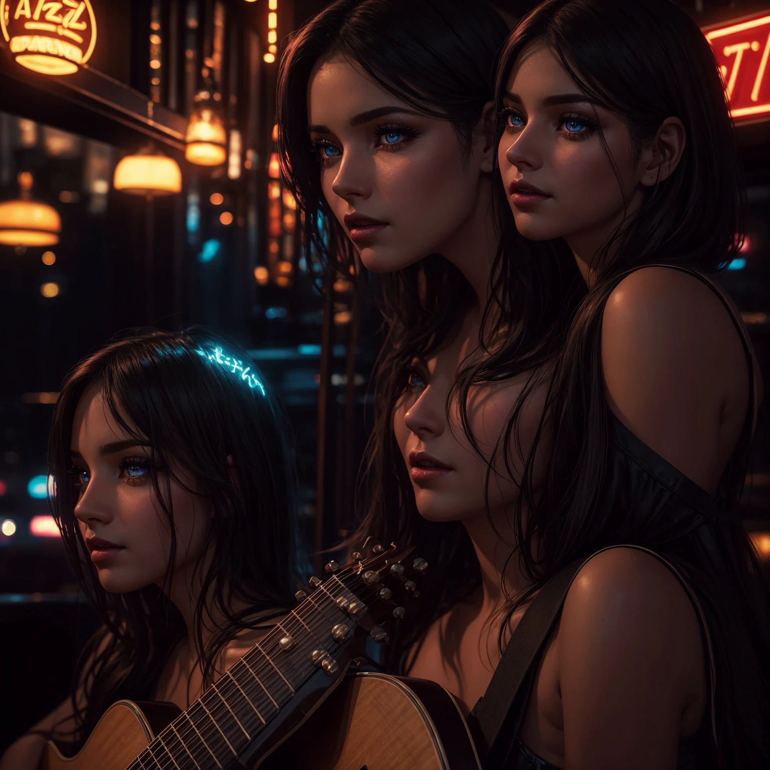 a woman singing in a bar, beautiful detailed eyes, beautiful detailed lips, extremely detailed eyes and face, long eyelashes, bar interior, neon lights, atmospheric lighting, intimate setting, acoustic guitar, jazz music, moody colors, cinematic, photorealistic, 8k, best quality, masterpiece
