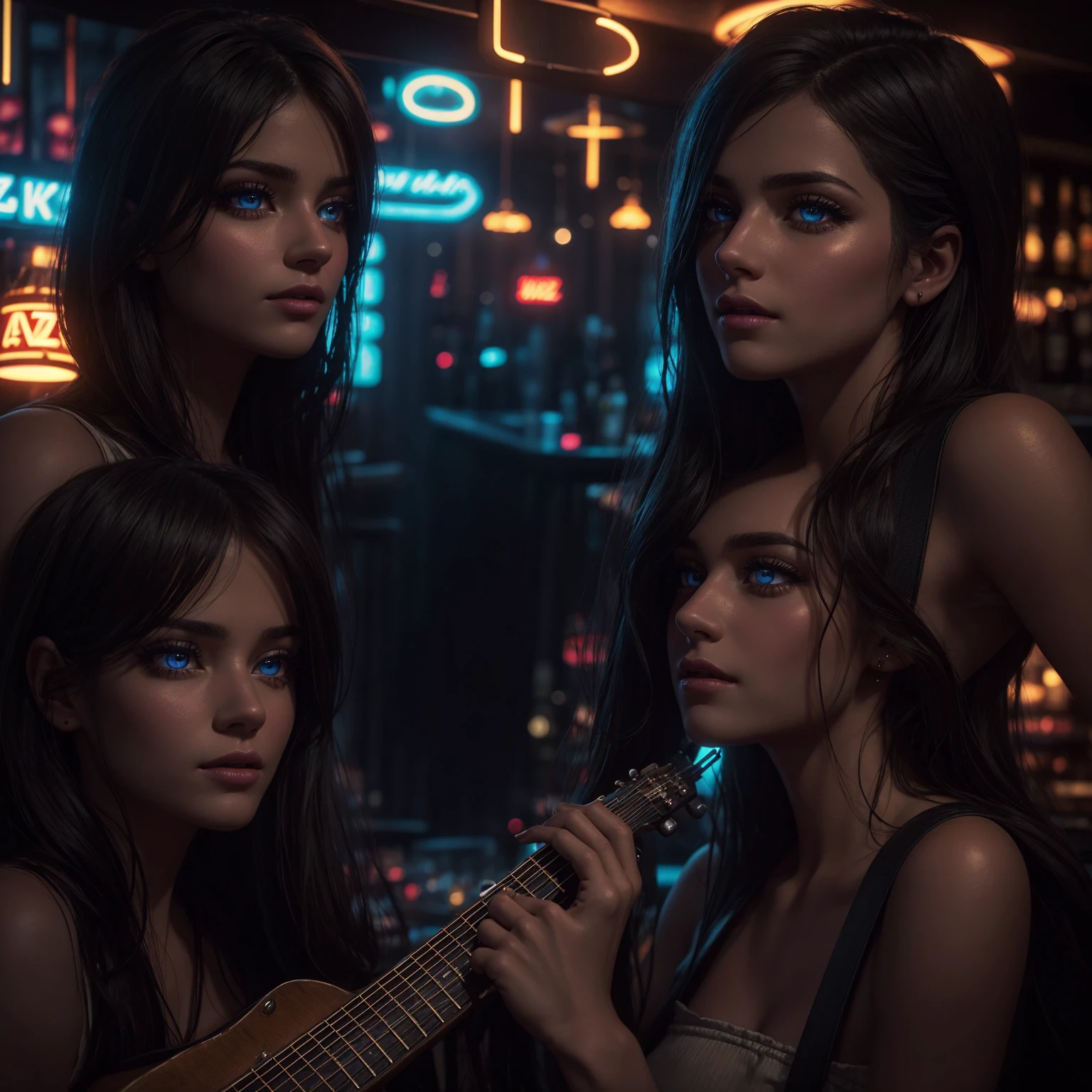 a woman singing in a bar, beautiful detailed eyes, beautiful detailed lips, extremely detailed eyes and face, long eyelashes, bar interior, neon lights, atmospheric lighting, intimate setting, acoustic guitar, jazz music, moody colors, cinematic, photorealistic, 8k, best quality, masterpiece