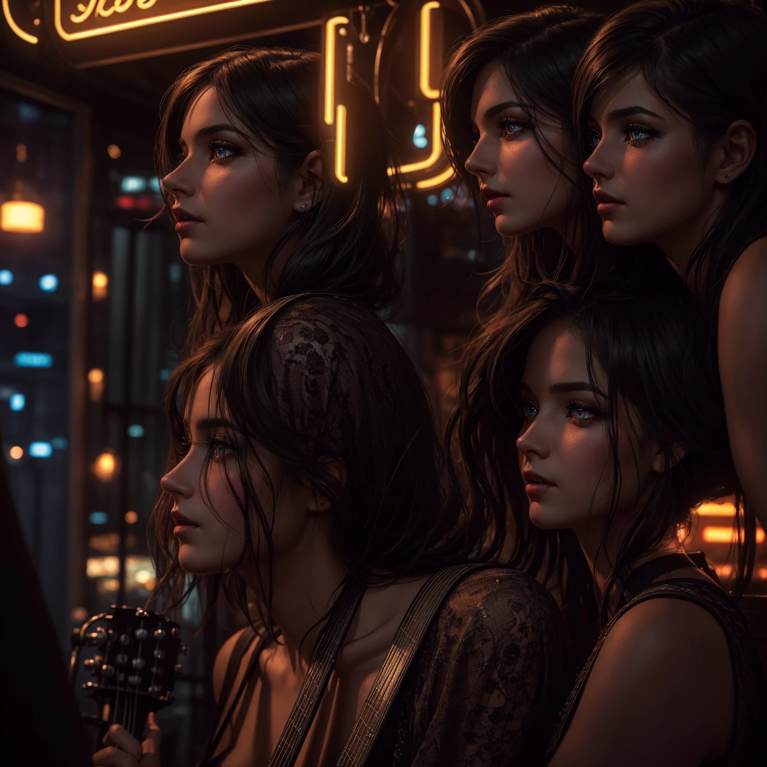 a woman singing in a bar, beautiful detailed eyes, beautiful detailed lips, extremely detailed eyes and face, long eyelashes, bar interior, neon lights, atmospheric lighting, intimate setting, acoustic guitar, jazz music, moody colors, cinematic, photorealistic, 8k, best quality, masterpiece