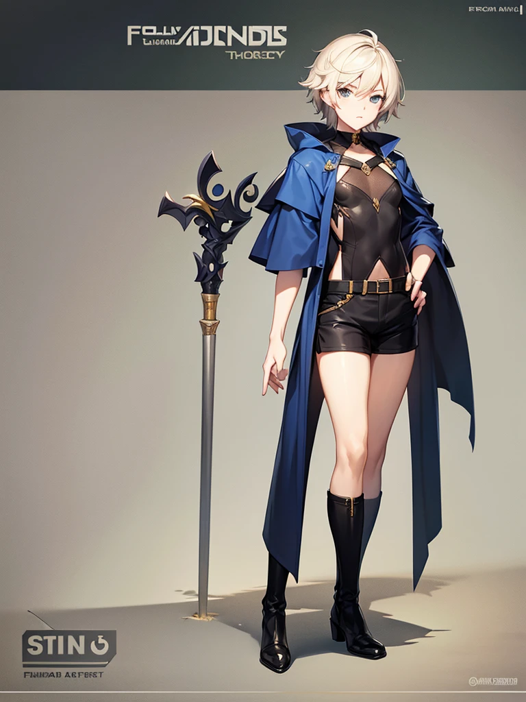 Femboy, off the sholder coat, short pants, wizard, full body, concept art 