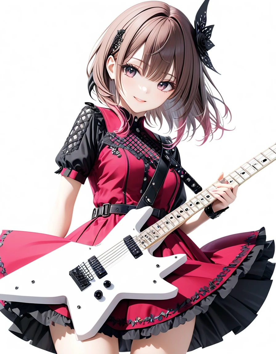 (((White background:1.5)))、(very wide shot)、(masterpiece、Ultra HD、Highest quality、Masterpiece、4K:1.2)、Slender body、Playing a white electric guitar,Scandinavian Metal Girl, Intense gaze into the camera, Intricate details, Highly detailed eyes, Highly detailed fingers、Brown bob hair、Pink Gothic Dress, Intricate details、A kind smile、mini skirt、Dynamic and intense movements、cowboy shot