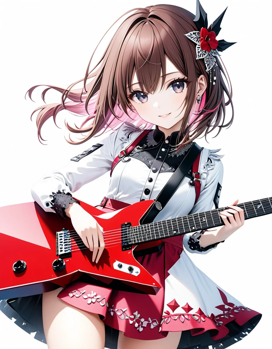 (((White background:1.5)))、(very wide shot)、(masterpiece、Ultra HD、Highest quality、Masterpiece、４K:1.2)、Slender body、Playing a white electric guitar,Scandinavian Metal Girl, Intense gaze into the camera, Intricate details, Highly detailed eyes, Highly detailed fingers、Brown bob hair、Pink Gothic Dress, Intricate details、A kind smile、mini skirt、Dynamic and intense movements、cowboy shot
