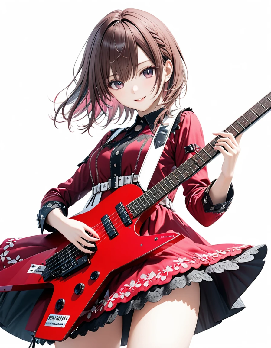 (((White background:1.5)))、(very wide shot)、(masterpiece、Ultra HD、Highest quality、Masterpiece、4K:1.2)、Slender body、Playing a white electric guitar,Scandinavian Metal Girl, Intense gaze into the camera, Intricate details, Highly detailed eyes, Highly detailed fingers、Brown bob hair、Pink Gothic Dress, Intricate details、A kind smile、mini skirt、Dynamic and intense movements、cowboy shot