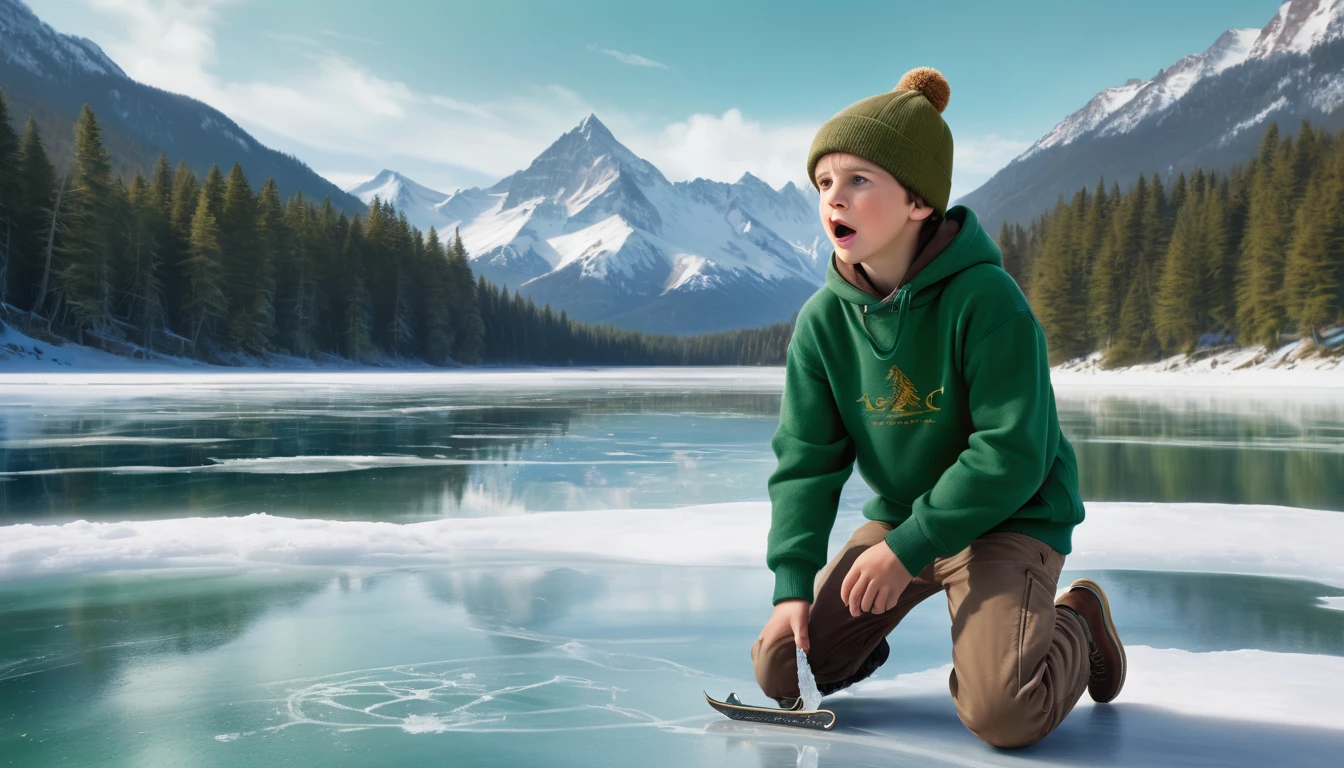 ultra-realistic, cinematic, full HD, 4K image of a panicked nine-year-old boy, wearing a green sweatshirt and brown hat, kneeling on a frozen lake, hitting the ice with an ice skating boot, in the middle of a forest, in the background snow-covered mountains, composition following the golden ratio, digital painting, with breathtaking details and HD resolution.