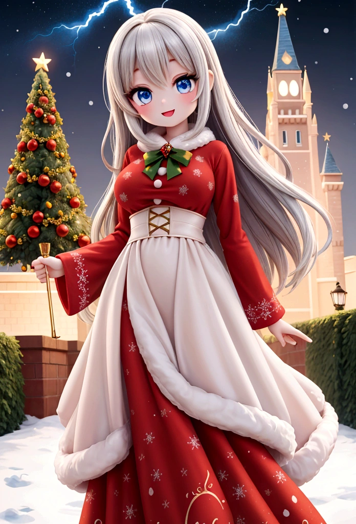 detailed illustration, disney pixar style, full-length shot: stunning young woman dressed in the spirit of Christmas Day, perfect woman form, joyfull, large smile, christmas movie magic, natural beauty, taned skin, natural soft lightning, winter outside background,