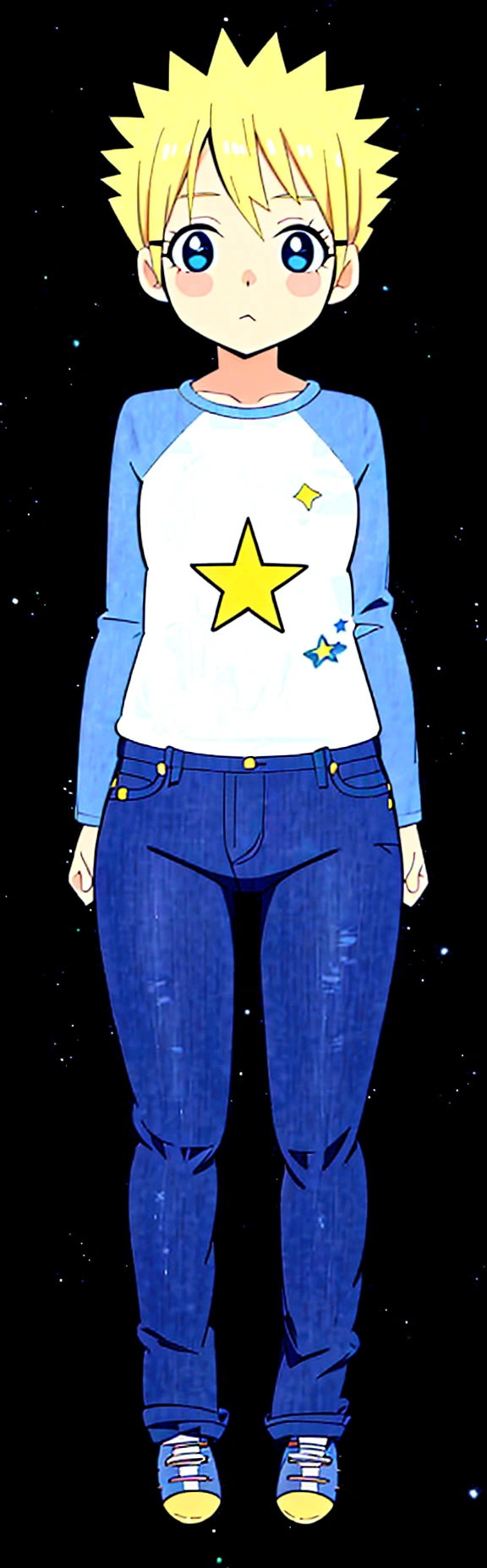 a cartoon image of a blonde woman with a star on her shirt, space dandy style, ( ( ( wearing jeans ) ) ), kawaii shirt and jeans, full body with costume, full - body - front - shot, full body picture, full body close-up shot, distant full body view, zoomed out full body, full body portrait of a short!