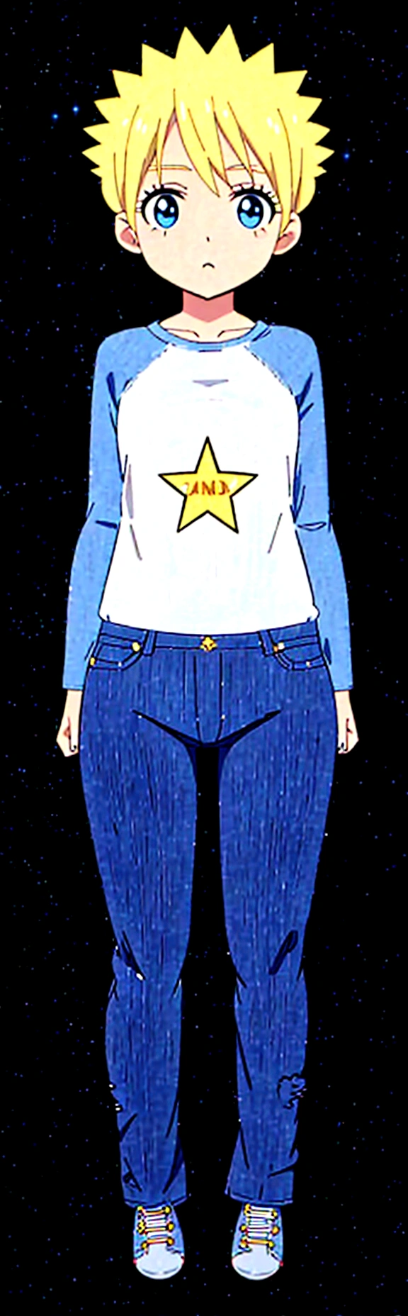 a cartoon image of a blonde woman with a star on her shirt, space dandy style, ( ( ( wearing jeans ) ) ), kawaii shirt and jeans, full body with costume, full - body - front - shot, full body picture, full body close-up shot, distant full body view, zoomed out full body, full body portrait of a short!