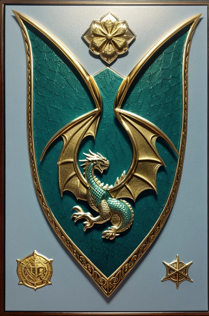 In the style of the shields of the houses of game of thrones:

Canvas Base: Select a classic heraldic shield shape, with a silver metallic surface and gold edges.
	• Fund: Fill the background with a glazed dark emerald green tone.
	• Dragon: Draw a sea dragon in the center, uses shiny silver for the body and light blue for the wings. Be sure to include raised details for the scales and wings.
	• Eggs: Add undulating waves around the dragon in sky blue. Use engraving techniques for a three-dimensional effect.
	•	Flores: Insert small golden flowers between the waves, with embossed details.
	• Should: Creates a raised gold border with etched wave and leaf patterns.