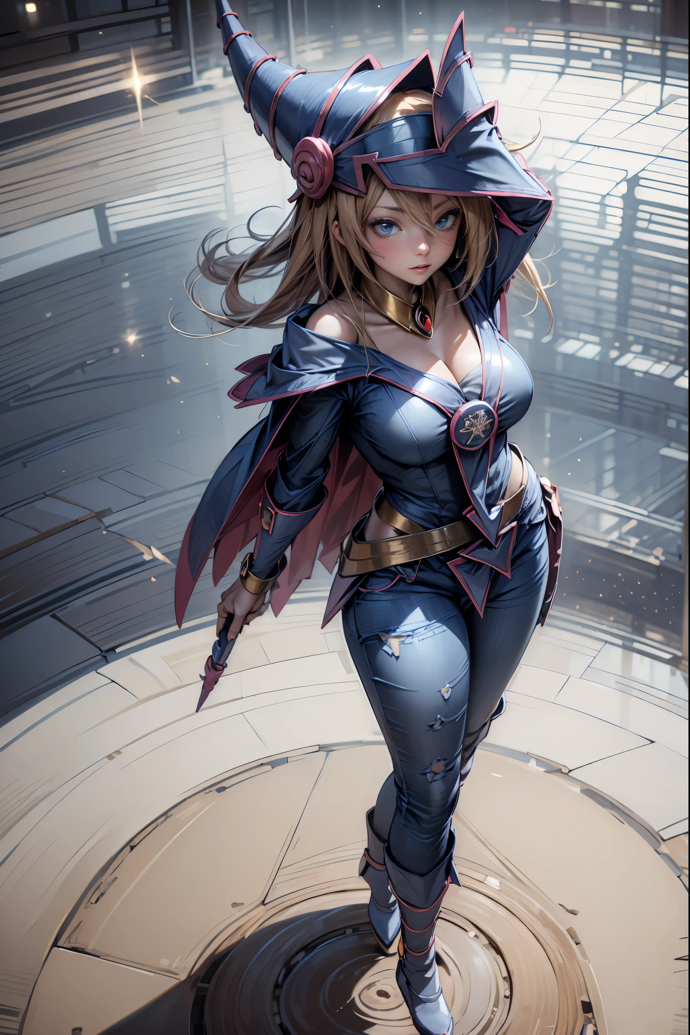 (Masterpiece:1.2), (The best quality:1.2), perfect lighting, Dark Magician Girl casting a spell, in battle. floating in the air, big and visible tits, wear jeans and heels. transparent neckline, blue robe, big hat, From above, sparkles, Yugioh game, The magic of the heart, romantic heart.