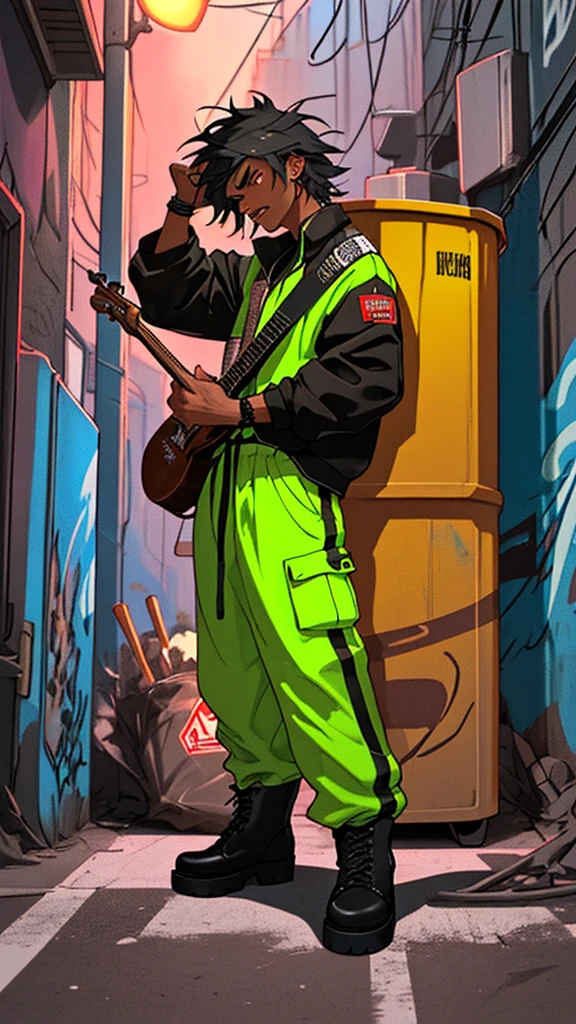 a rock drummer wearing a garbage collector uniform, including a neon jumpsuit and boots, playing the drums with vigor, positioned in a night urban alley with a garbage truck in the background, the truck and streetlights illuminating the graffiti-covered walls, the drummer has an expression of concentration and energy while forcefully hitting the drumsticks, the scene conveys a sense of rebellion and passion for music