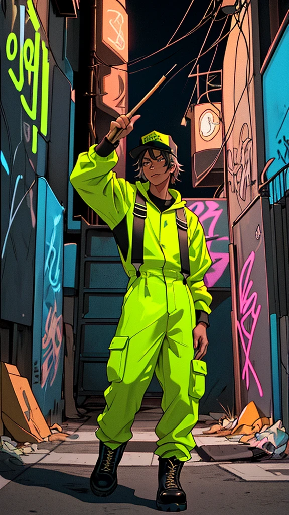 a rock drummer wearing a garbage collector uniform, including a neon jumpsuit and boots, playing the drums with vigor, positioned in a night urban alley with a garbage truck in the background, the truck and streetlights illuminating the graffiti-covered walls, the drummer has an expression of concentration and energy while forcefully hitting the drumsticks, the scene conveys a sense of rebellion and passion for music