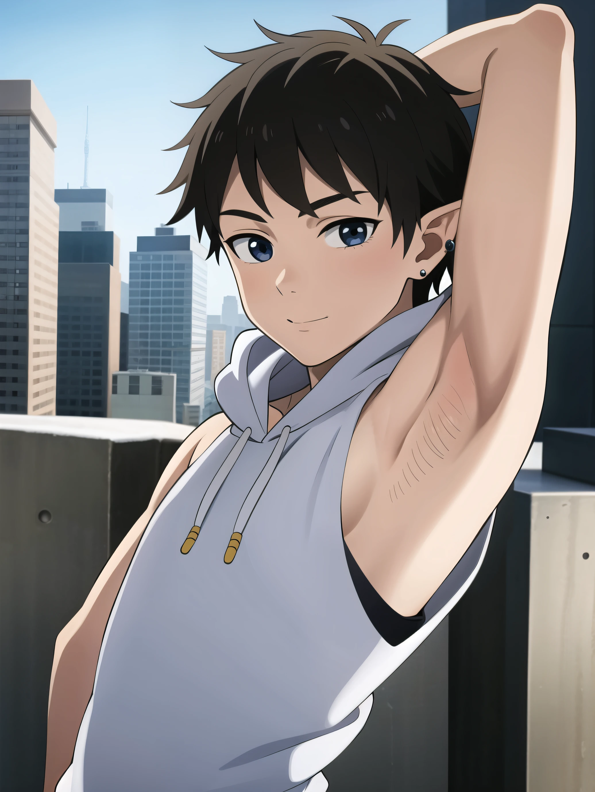 Highres, Masterpiece, Best quality at best,Best Quality,hight quality, hight detailed, Anime style, 1boy, Young boy, Shota, Sleeveless hoodie, Elf ear, earring, Straight hair, Seen from the front, look at viewer, (very young boy), (very small and short body), , Such a cute smooth armpit, Cute armpit, sexy armpit, The armpits of a 12 yeaAdorable little armpits, seductive armpits, showing armpit, City, Blurry beckground, hansome boy, Uhd, 4k wallpaper