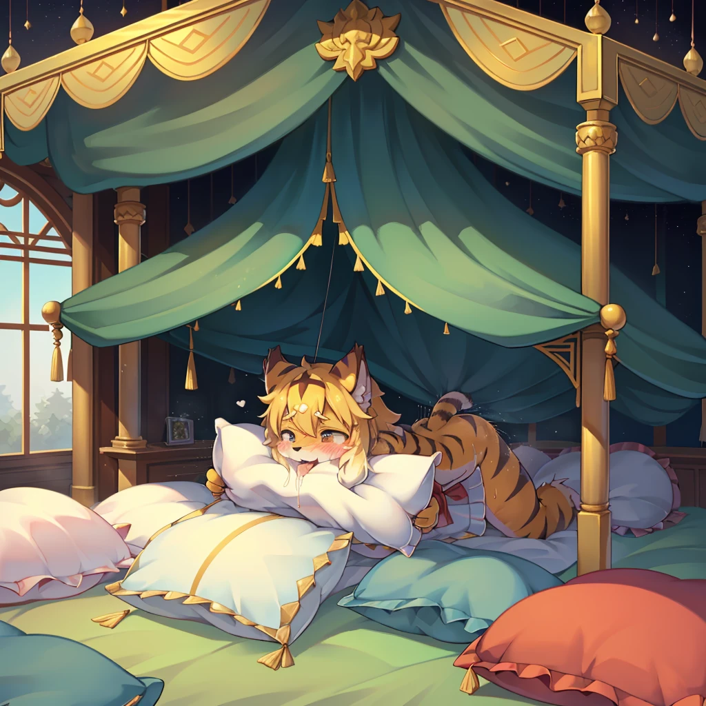 (masterpiece,best quality),my own, The Beast, , (适合任何Pillow背景的光影)), 穿着pajamas可爱女孩在Pillow上摆姿势 ,pajamas,Nature,, (blush),a smile,Pillow头,(很多Pillow),Soft cushion,(canopy bed),Soft pillow quotation,(Pillow损坏),很多Pillow,(Crotch rubbing),((Pillow驼峰)),(Pillow),(A tail),,(粉色Pillow),(Love around the protagonist),Steam,(Pillow头),(),(豪华Pillow),(Pillow),(palace),(Palace bedroom),(Pillow),柔软的Pillow,,(Classical European style bedroom ),(excited,shy person,Lack of expressiveness,),,pillow humping,my,tiger tail,tiger ears,Tiger pattern,,Sweat,,Sweaty,Body swing,身体Shaking lines,Shaking lines,best quality, masterpiece, ((Maximum resolution)), artwork, ,,,(Interior of the palace),(In the bedroom at night),(Deluxe Rococo Canopy King Bed),On a big and spacious bed,(the 女孩 is lying on the bed),Before bedtime,,,Luxurious curtains with ornate ruffles and ribbons surround the bed,((((There are many pillows piled on the bed)))),Detail of Quilt,Detailed bed sheets,Ruffled Bed Skirt,Deep Bed,Background with depth,pajamas , ((((大量的Pillow)))),peeing,squatting,water,Urine,Shaking lines,wetting pillows,Flowing liquid,Violent body shaking,剧烈Shaking lines,详细的软Pillow,,(女孩正躺在许多柔软的Pillow上,周围有许多Pillow),(Pillow上有液体),Sweat,saliva,Splashing urine,Pillow上和床上有水迹,