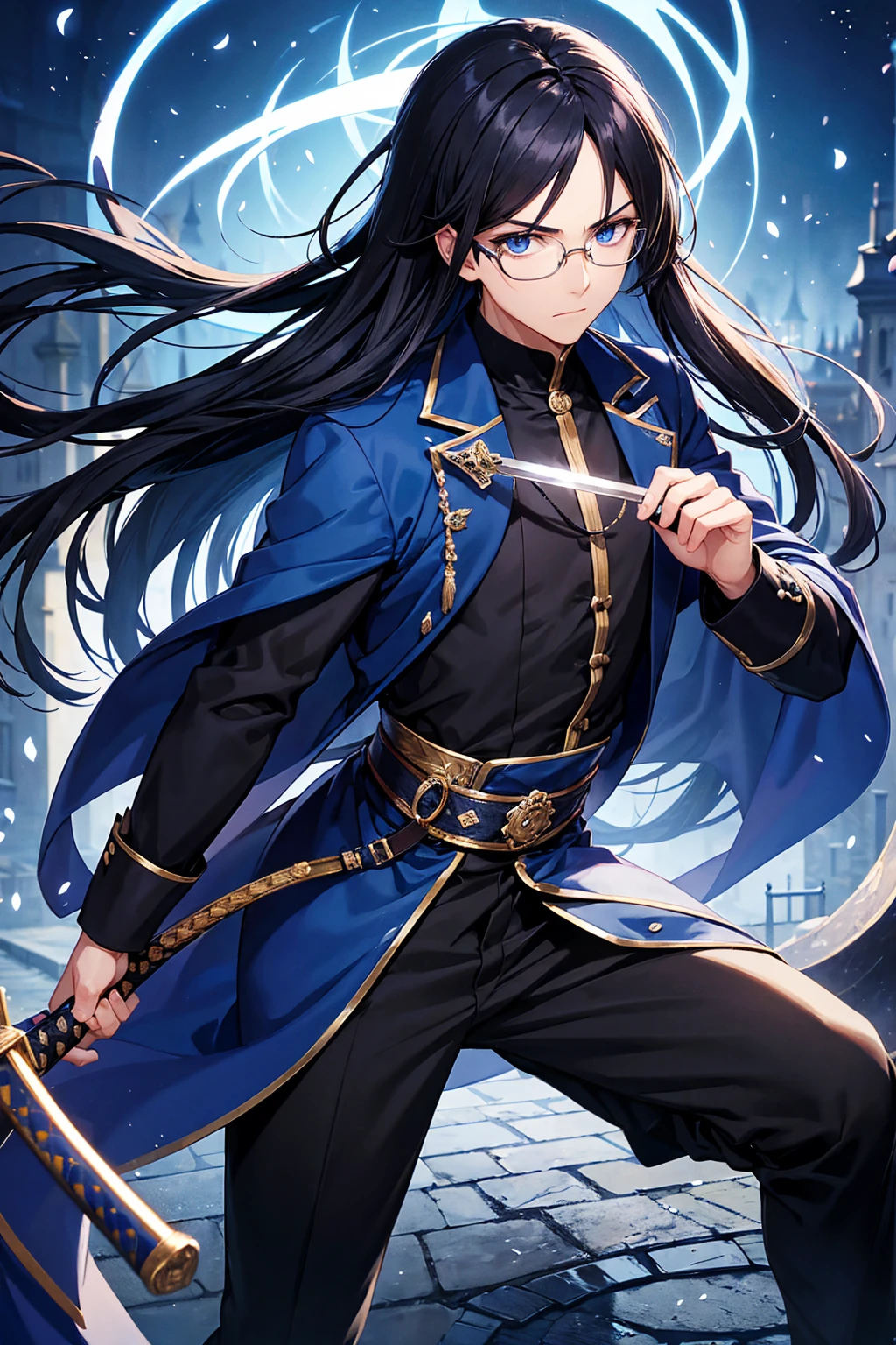 A man with glasses, magician with long black hair, dark blue eyes, wears blue with black magician clothes, young magician, uses a katana sword, intellectual, cold personality, medieval city background, isekai anime style