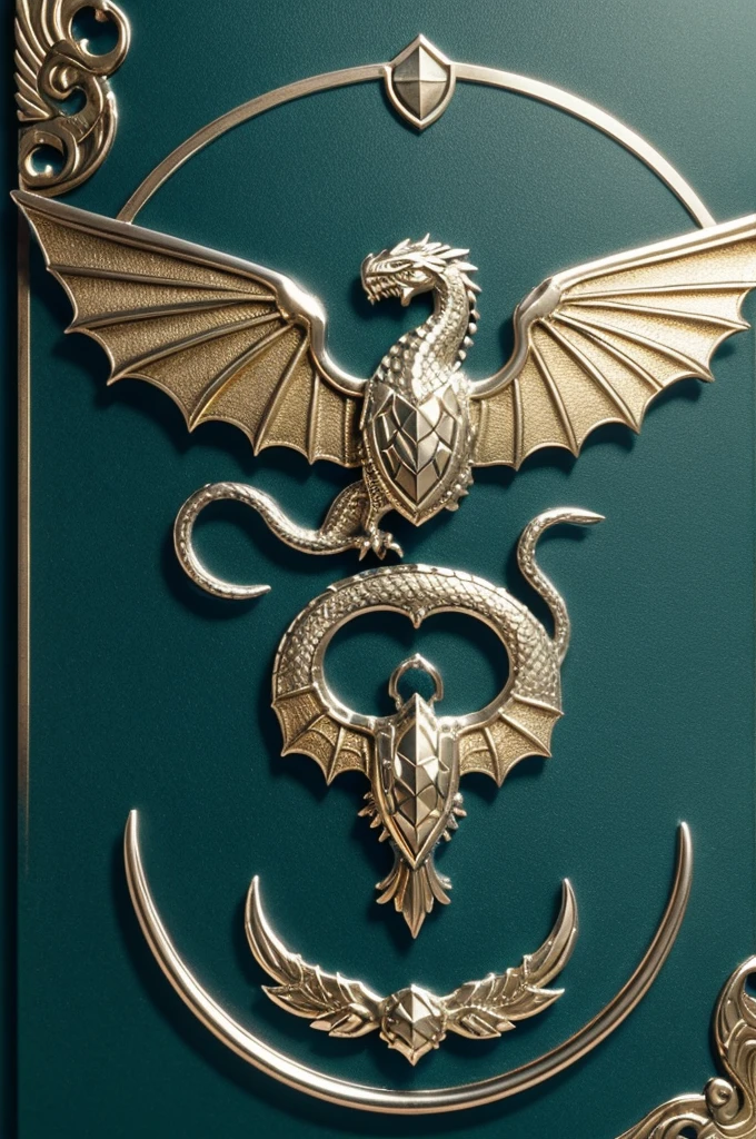 In the style of the shields of the houses of game of thrones:

Canvas Base: Select a classic heraldic shield shape, with a silver metallic surface and gold edges.
	• Fund: Fill the background with a glazed dark emerald green tone.
	• Dragon: Draw a sea dragon in the center, uses shiny silver for the body and light blue for the wings. Be sure to include raised details for the scales and wings.
	• Eggs: Add undulating waves around the dragon in sky blue. Use engraving techniques for a three-dimensional effect.
	•	Flores: Insert small golden flowers between the waves, with embossed details.
	• Should: Creates a raised gold border with etched wave and leaf patterns.