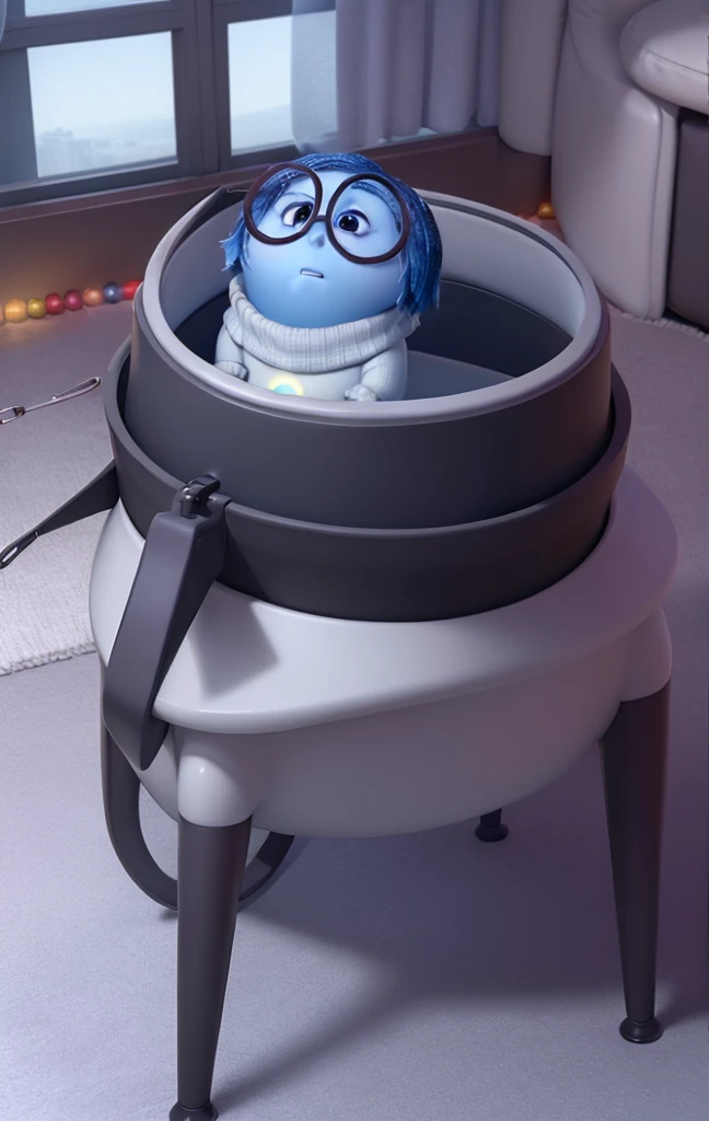 masterpiece, best quality, (Sadness_InsideOut , white turtleneck, black-framed eyewear, glasses, sadness ), colored glowing spheres, pixar, cartoon, 3d render, sfw,