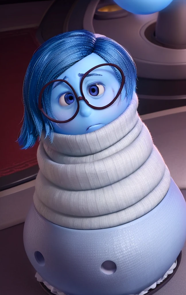 masterpiece, best quality, (Sadness_InsideOut , white turtleneck, black-framed eyewear,  glasses, sadness ),   colored glowing spheres, pixar, cartoon, 3d render, sfw, 