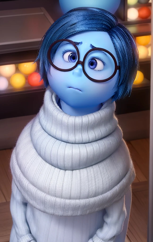 masterpiece, best quality, (Sadness_InsideOut , white turtleneck, black-framed eyewear, glasses, sadness ), colored glowing spheres, pixar, cartoon, 3d render, sfw,