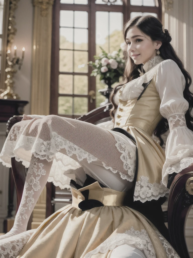 (realistic:1.3), finely detailed, quality, rembrandt lighting, (masterpiece:1.2), (photorealistic:1.2), (best quality), (detailed skin:1.3), (intricate details), dramatic, ray tracing, 1girl, russian girl, 21 years old, detailed skin texture, (blush:0.5), (goosebumps:0.5), subsurface scattering, smiling, medium breasts, updo hair, bangs, hair ornaments, jewelry, (gold victorian dress:1.2), long dress, (lace overlay:1.2), lace, lace embroidery, frills, brooch, puffy sleeves, (indoors, lavish resplendent decorations, aristocrat mansion, living room, antiques),
