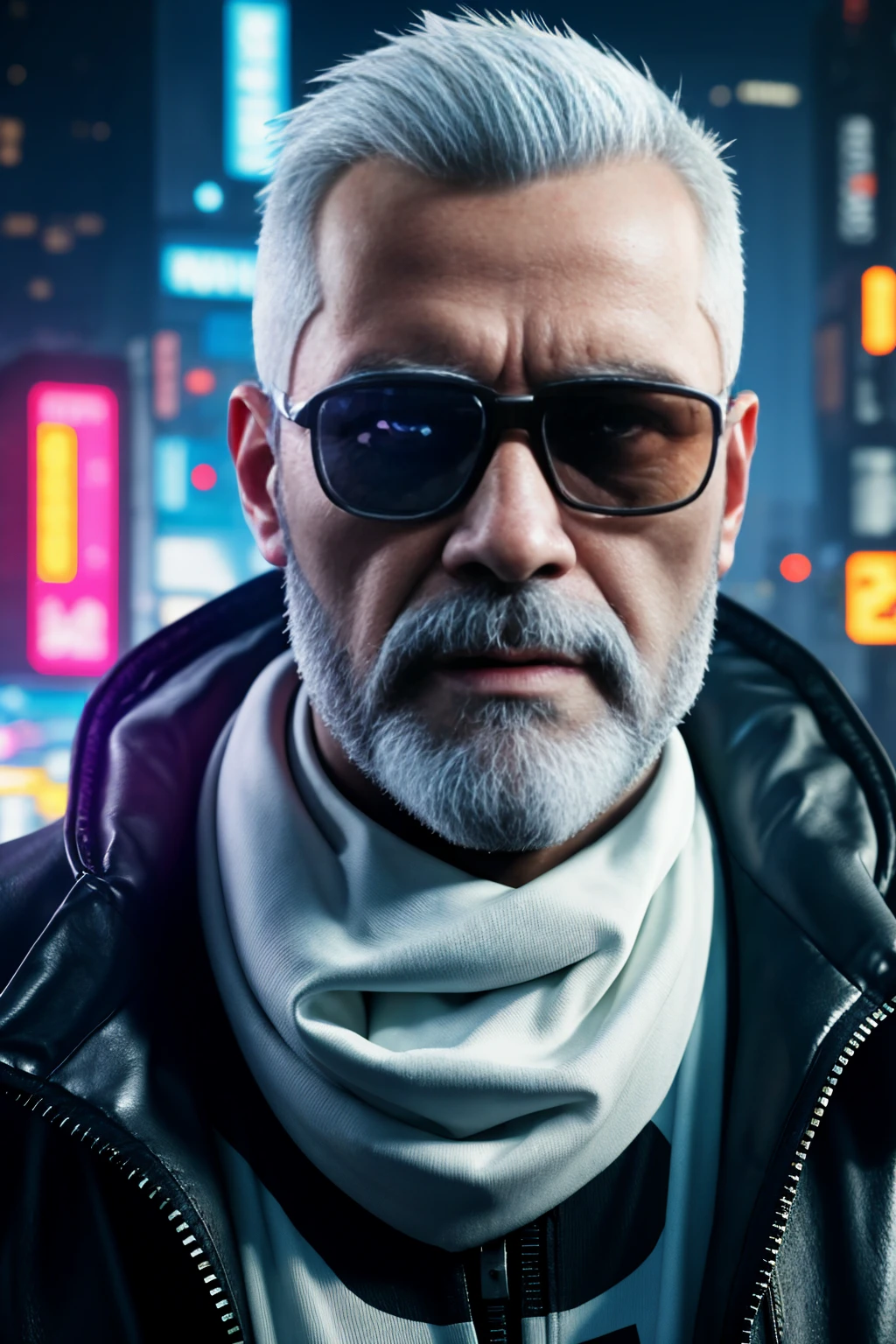 Raw 16k ultra HD Vivid colors ultra masterpiece, 1.12), Describe the emotions captured in the close-up of the face of a man with white hair, flawless haircut and glasses, sporting a well-groomed white beard, while wearing a jacket inspired by the game Cyberpunk 2077. The setting reflects the game's dystopian futuristic environment, with elements characteristic of the city from Cyberpunk 2077.