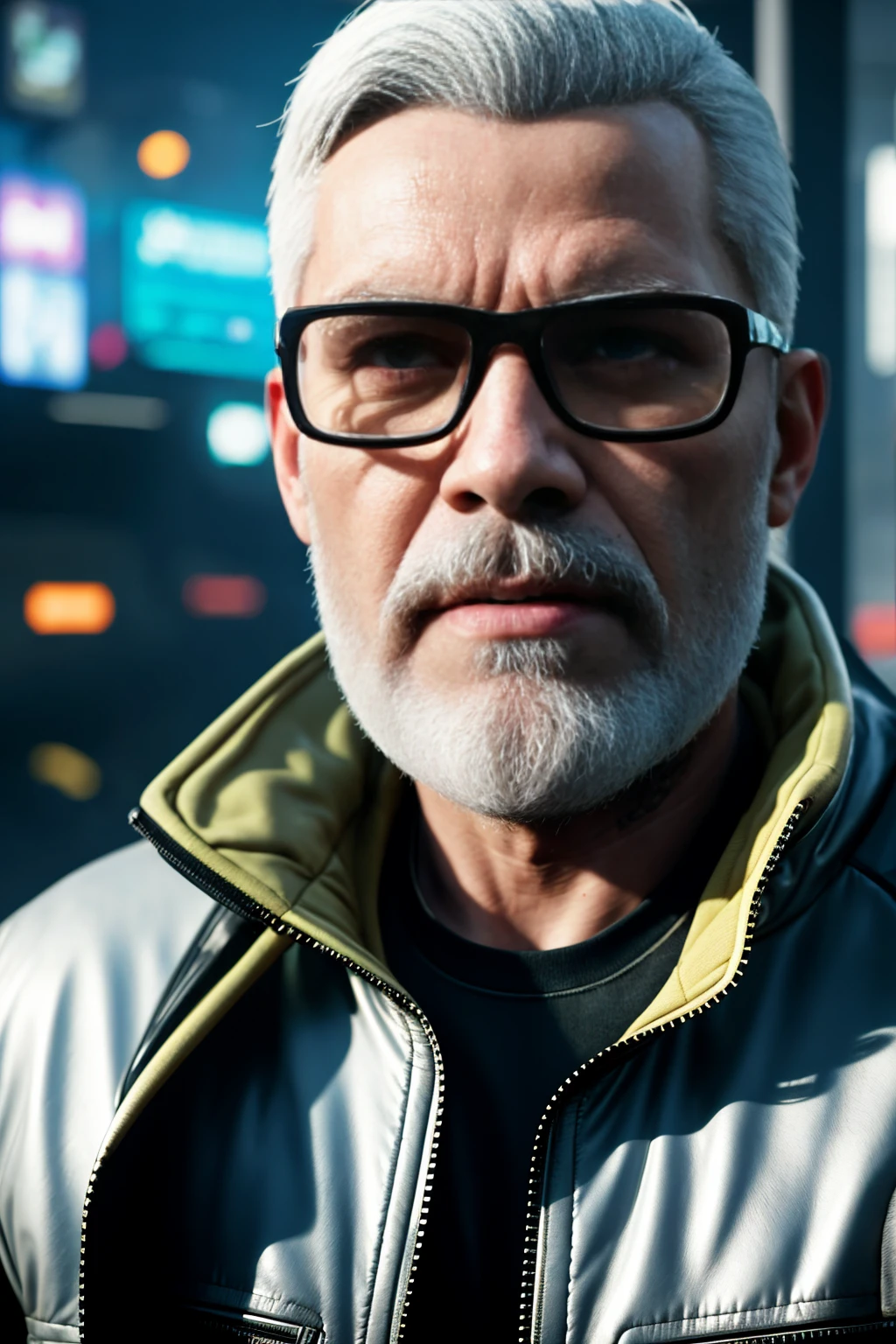 Raw 16k ultra HD Vivid colors ultra masterpiece, 1.12), Describe the emotions captured in the close-up of the face of a man with white hair, flawless haircut and glasses, sporting a well-groomed white beard, while wearing a jacket inspired by the game Cyberpunk 2077. The setting reflects the game's dystopian futuristic environment, with elements characteristic of the city from Cyberpunk 2077.