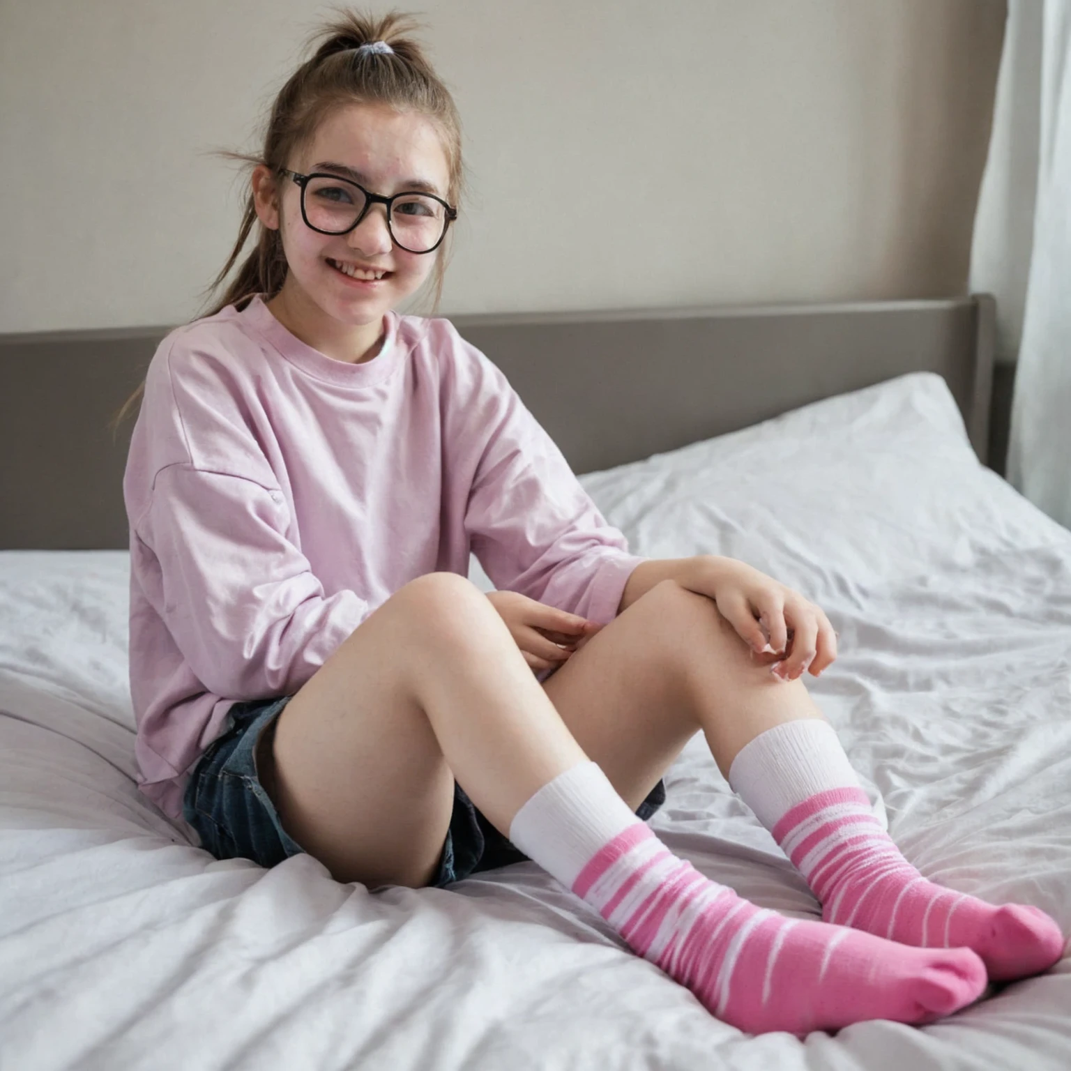 Pale skin ponytail hair Kurdish glasses teen sitting on bed tin body smiling small legs showing her pink socks