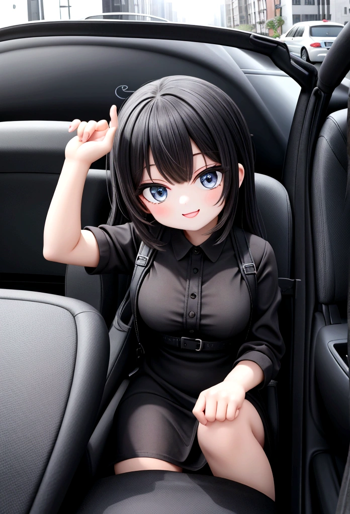 teen girl, in a black mini dress, smiling, driving a car