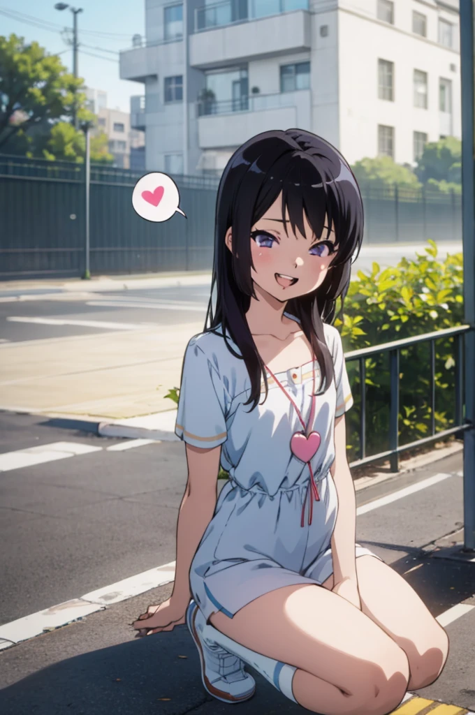 solo, 1girl, looking at viewer, reina kousaka, , ,,spoken heart,6yo,(petite),flat chest,grin,outdoor,socks,,open mouth,tongue,