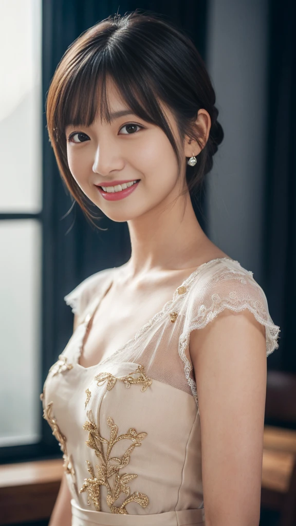 ((Tabletop:1.4, Highest quality)), (Realistic photos:1.4),
((1 Girl)), (Pure actress),
(超High resolution:1.2), Very delicate and beautiful, wonderful, Very detailed CG Unity 8k 壁紙, Very detailed, High resolution,
Soft Light, Beautiful detailed girl, Very detailed目と顔, Beautiful and detailed nose, Beautiful and detailed,
(wear a proper dress:1.3),
Cinema Lighting, Perfect Anatomy, Slender body, , (Parted bangs),
Cowboy Shot, smile