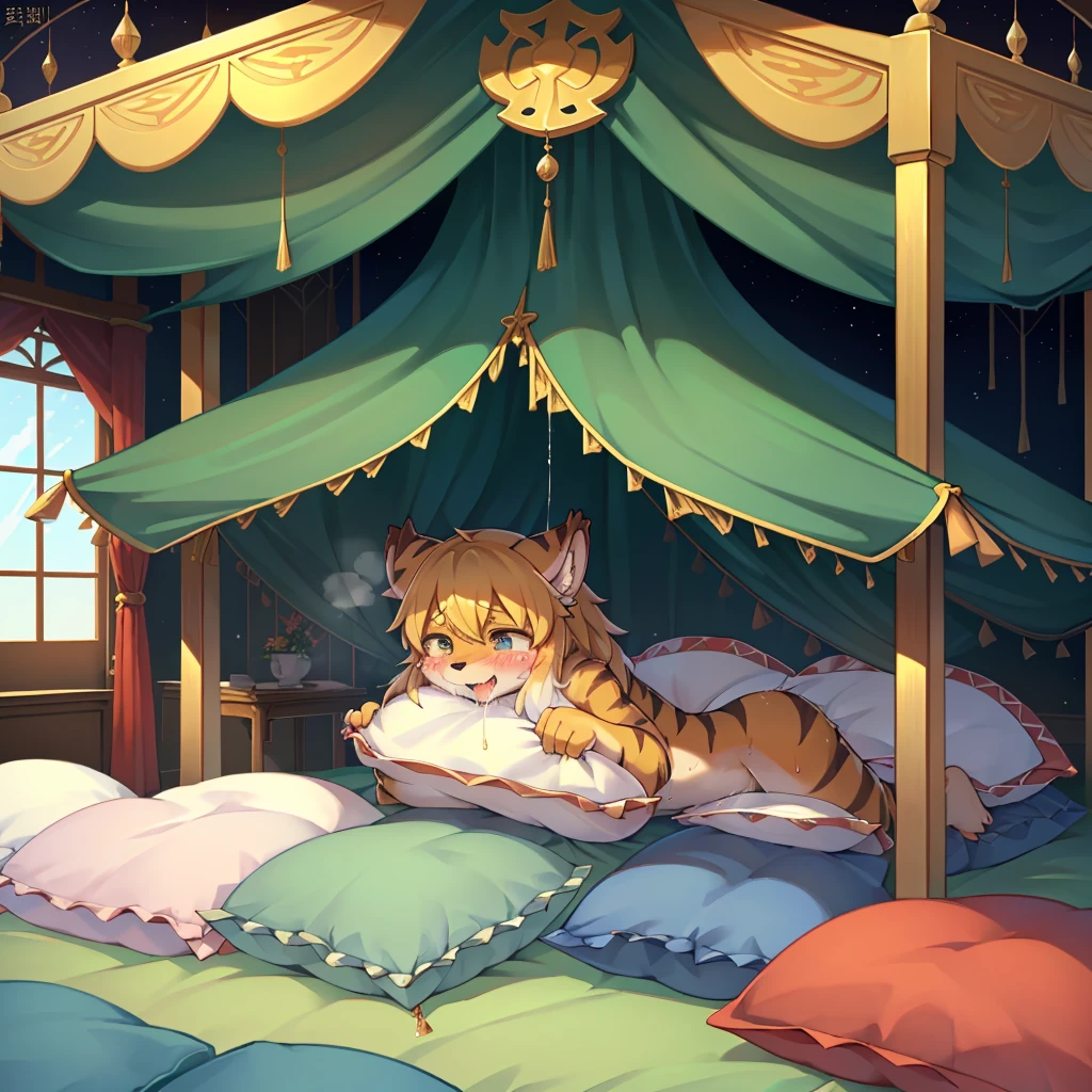 (masterpiece,best quality),my own, The Beast, , (适合任何Pillow背景的光影)), 穿着pajamas可爱女孩在Pillow上摆姿势 ,pajamas,Nature,, (blush),a smile,Pillow头,(很多Pillow),Soft cushion,(canopy bed),Soft pillow quotation,(Pillow损坏),很多Pillow,(Crotch rubbing),((Pillow驼峰)),(Pillow),(A tail),,(粉色Pillow),(Love around the protagonist),Steam,(Pillow头),(),(豪华Pillow),(Pillow),(palace),(Palace bedroom),(Pillow),柔软的Pillow,,(Classical European style bedroom ),(excited,shy person,Lack of expressiveness,),,pillow humping,my,tiger tail,tiger ears,Tiger pattern,,Sweat,,Sweaty,Body swing,身体Shaking lines,Shaking lines,best quality, masterpiece, ((Maximum resolution)), artwork, ,,,(Interior of the palace),(In the bedroom at night),(Deluxe Rococo Canopy King Bed),On a big and spacious bed,(the 女孩 is lying on the bed),Before bedtime,,,Luxurious curtains with ornate ruffles and ribbons surround the bed,((((There are many pillows piled on the bed)))),Detail of Quilt,Detailed bed sheets,Ruffled Bed Skirt,Deep Bed,Background with depth,pajamas , ((((大量的Pillow)))),peeing,squatting,water,Urine,Shaking lines,wetting pillows,Flowing liquid,Violent body shaking,剧烈Shaking lines,详细的软Pillow,,(女孩正躺在许多柔软的Pillow上,周围有许多Pillow),(Pillow上有液体),Sweat,saliva,Splashing urine,Pillow上和床上有水迹,