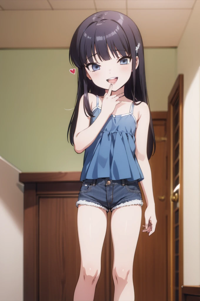 solo, 1girl, looking at viewer, , miyuki shiba, , , looking at viewer, smile,,,spoken heart,,(petite),flat chest,grin,my room,socks,,open mouth,tongue,camisole,denim shorts