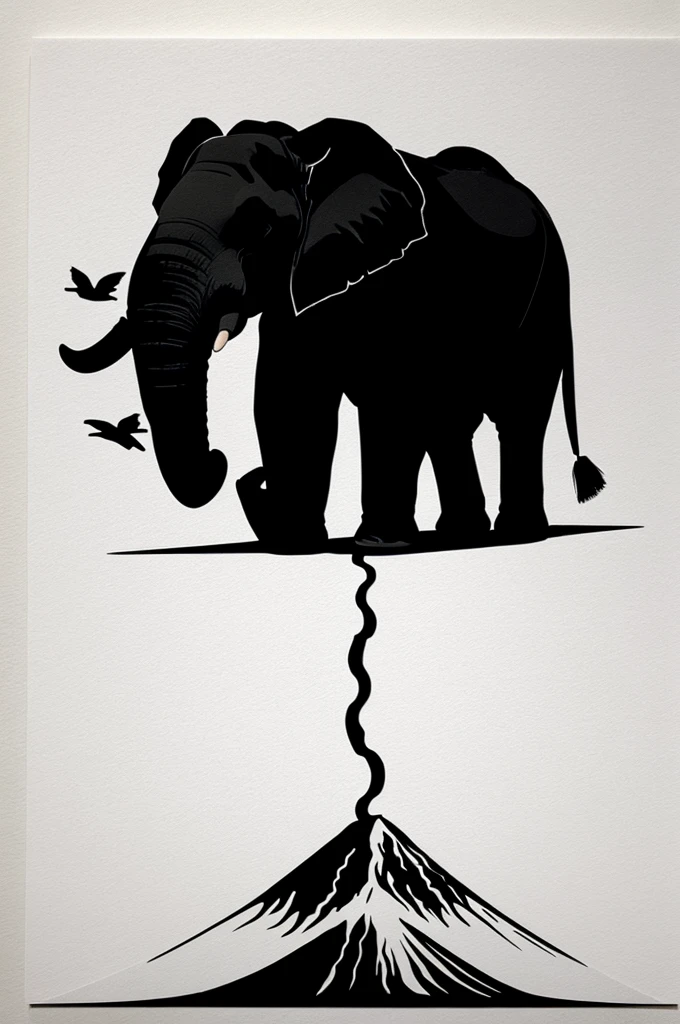 Merge the silhouette of an elephant and the silhouette of a volcano, in black strokes with a white background, minimalist lines.