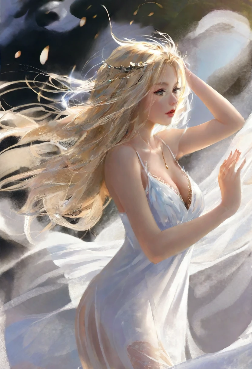 19yearsold. She has long blonde hair and white skin. Your face is sensual. Your body has many curves. Ala has big breasts and a thin waist. She wears a very short and sensual nightgown. The outfit is gold and highlights every part of your body, the outfit has a large neckline on your breasts