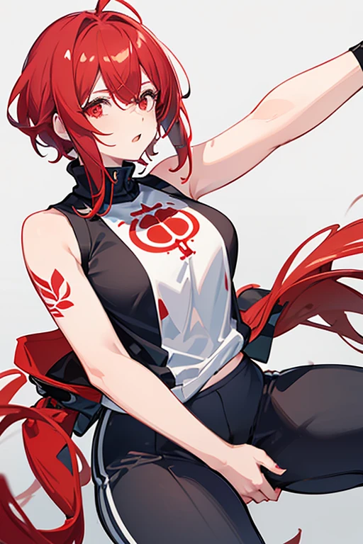 Chubby girl with short white hair with red tips.., Red eyes, White skin. He is wearing a black sleeveless shirt..., military trousers, He has many tattoos on his arms.. In the background is a My Hero Academy training field.