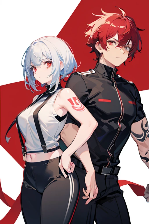 Chubby girl with short white hair with red tips.., Red eyes, White skin. He is wearing a black sleeveless shirt..., military trousers, He has many tattoos on his arms.. In the background is a My Hero Academy training field.