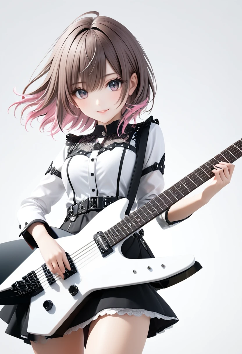 (((White background:1.2)))、(masterpiece、Ultra HD、Highest quality、Masterpiece、４K:1.2)、Perfect Style、Scandinavian metal girl playing a white electric guitar, A gentle gaze at the camera, Intricate details, Highly detailed eyes, Highly detailed fingers、Brown bob hair、White and pink gothic dress, Intricate details、A kind smile、mini skirt、Dynamic and intense movements、(wide shot),Highly detailed hands
