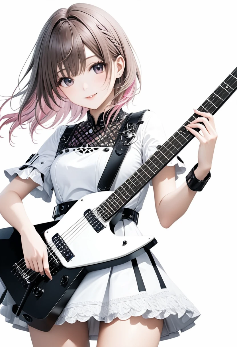 (((White background:1.2)))、(masterpiece、Ultra HD、Highest quality、Masterpiece、4K:1.2)、Perfect Style、Scandinavian metal girl playing a white electric guitar, A gentle gaze at the camera, Intricate details, Highly detailed eyes, Highly detailed fingers、Brown bob hair、White and pink gothic dress, Intricate details、A kind smile、mini skirt、Dynamic and intense movements、(wide shot),Highly detailed hands