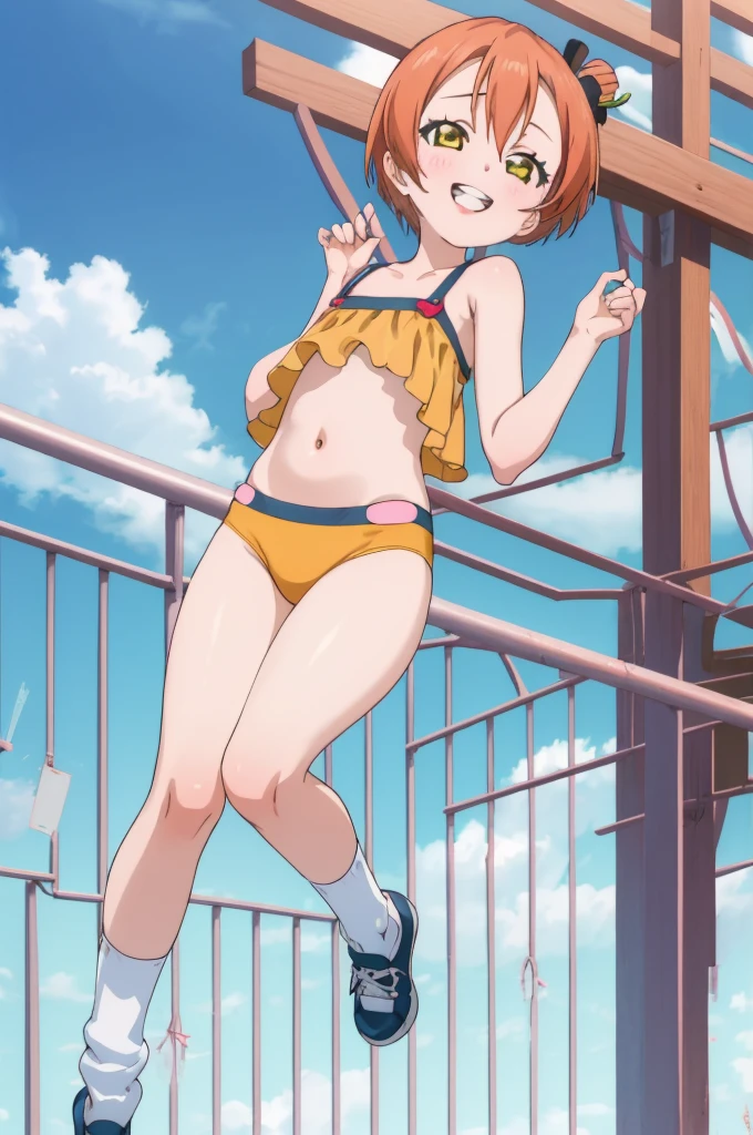 ,girl,happy,smile,,rin hoshizora ,open mouth,,looking viewer,,spoken heart,,(petite),flat chest,grin,outdoor,socks,,,navel,thigh