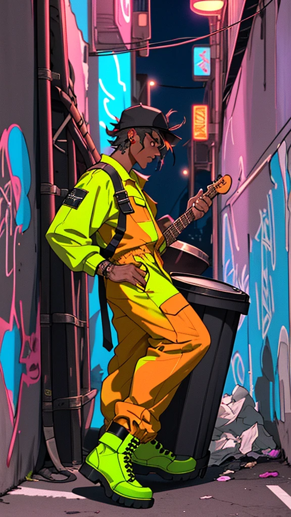 a rock drummer wearing a age collector uniform, including a neon jumpsuit and boots, playing the drums with vigor, positioned in a night urban alley with a garbtruck in the background, the truck and streetlights illuminating the graffiti-covered walls, the drummer has an expression of concentration and energy while forcefully hitting the drumsticks, the scene conveys a sense of rebellion and passion for music