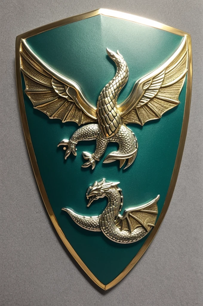 In the style of the shields of the houses of game of thrones:

Canvas Base: Select a classic heraldic shield shape, with a silver metallic surface and gold edges.
	• Fund: Fill the background with a glazed dark emerald green tone.
	• Dragon: Draw a leviathan in the center, uses shiny silver for the body and light blue for the wings. Be sure to include raised details for the scales and wings.
	• Eggs: Add undulating waves around the leviathan in sky blue. Use engraving techniques for a three-dimensional effect.
	•	Flores: Insert small golden flowers between the waves, with embossed details.
	• Should: Creates a raised gold border with etched wave and leaf patterns.