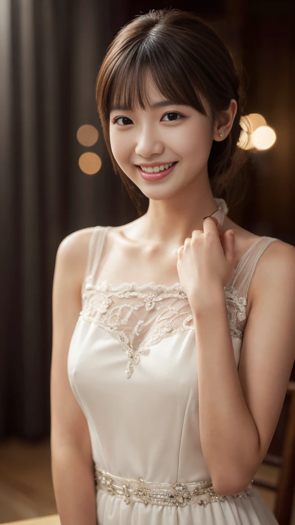 ((Tabletop:1.4, Highest quality)), (Realistic photos:1.4),
((1 Girl)), (Pure actress),
(超High resolution:1.2), Very delicate and beautiful, wonderful, Very detailed CG Unity 8k 壁紙, Very detailed, High resolution,
Soft Light, Beautiful detailed girl, Very detailed目と顔, Beautiful and detailed nose, Beautiful and detailed,
(wear a proper dress:1.3),
Cinema Lighting, Perfect Anatomy, Slender body, , (Parted bangs),
Cowboy Shot, smile