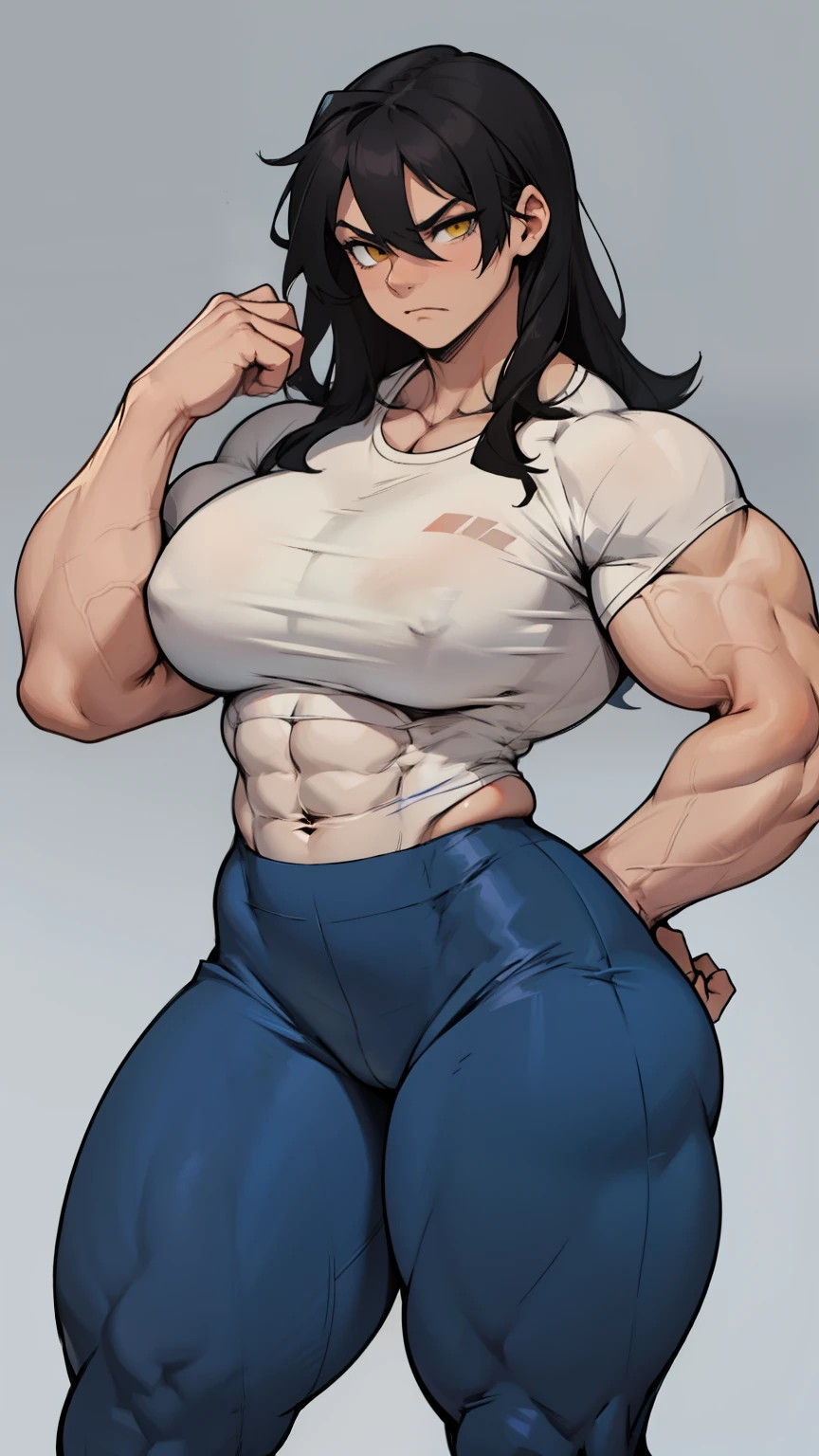 huge breasts huge muscles muscular girl toned body bodybuilder grey background leggings tight shirt black hair yellow eyes pale skin long hair wide hips curvy thick thighs thick thick thick thick tight sad frown expressionless