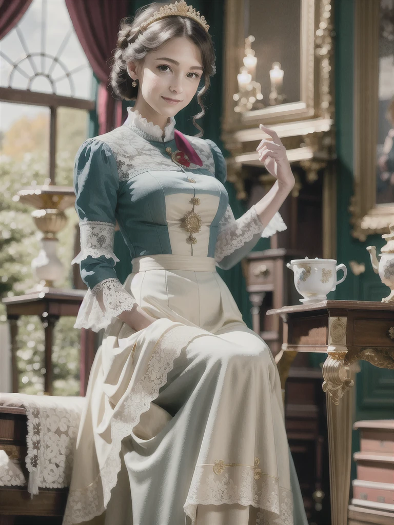 (realistic:1.3), finely detailed, quality, rembrandt lighting, (masterpiece:1.2), (photorealistic:1.2), (best quality), (detailed skin:1.3), (intricate details), dramatic, ray tracing, 1girl, russian girl, 21 years old, detailed skin texture, (blush:0.5), (goosebumps:0.5), subsurface scattering, smiling, medium breasts, updo hair, bangs, hair ornaments, jewelry, (gold victorian dress:1.2), long dress, (lace overlay:1.2), lace, lace embroidery, frills, brooch, puffy sleeves, (indoors, lavish resplendent decorations, aristocrat mansion, living room, antiques),