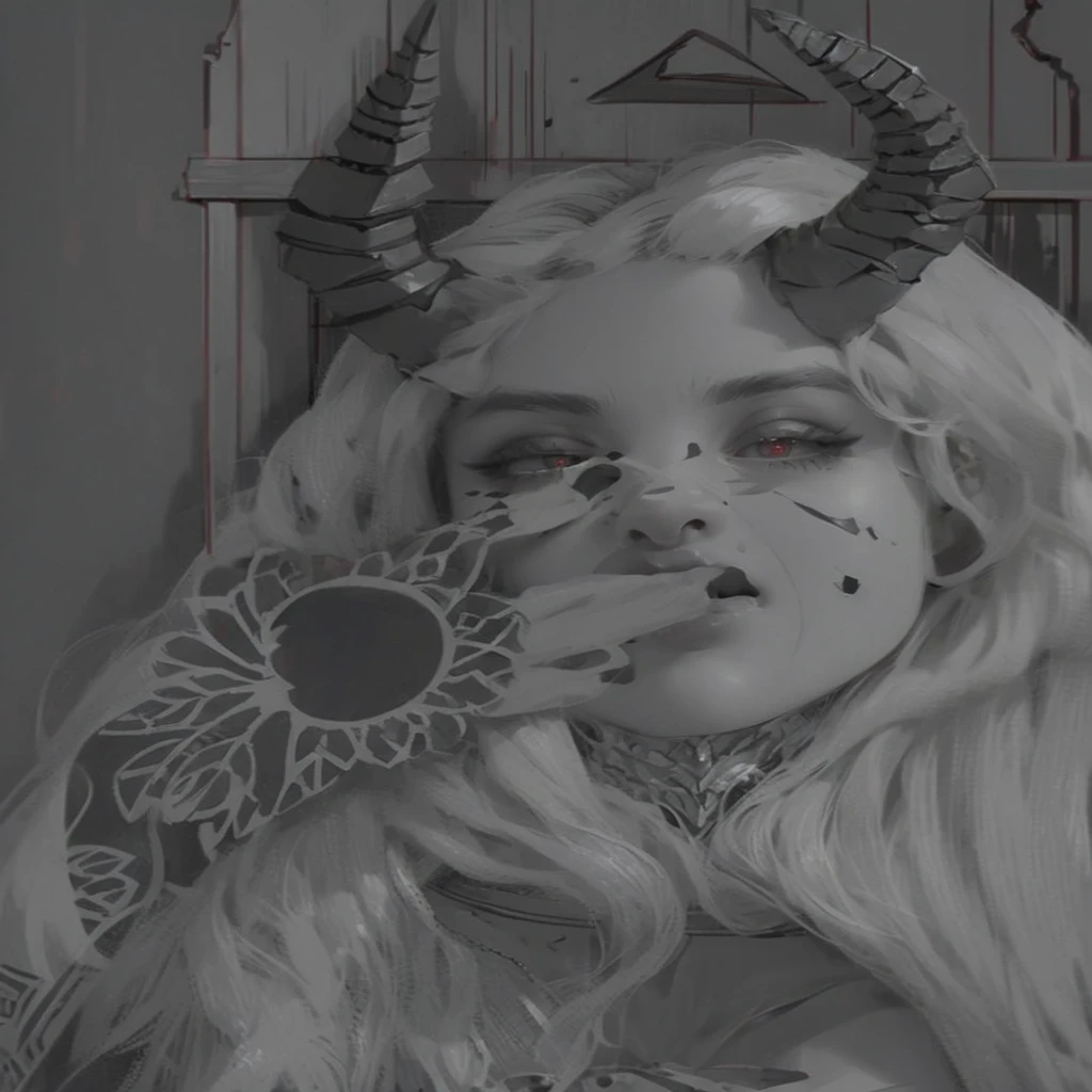a close up of a woman with horns and a demon face, mostly greyscale, portrait of demon girl, demon girl, portrait demon half human, portrait of a female demon, white horns queen demon, detailed but rough, demon woman, inked digital, with horns, horns and red eyes, dnd portrait of a tiefling, drawn with photoshop, dark linework