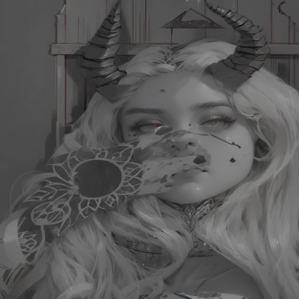 a close up of a woman with horns and a demon face, mostly greyscale, portrait of demon girl, demon girl, portrait demon half human, portrait of a female demon, white horns queen demon, detailed but rough, demon woman, inked digital, with horns, horns and red eyes, dnd portrait of a tiefling, drawn with photoshop, dark linework