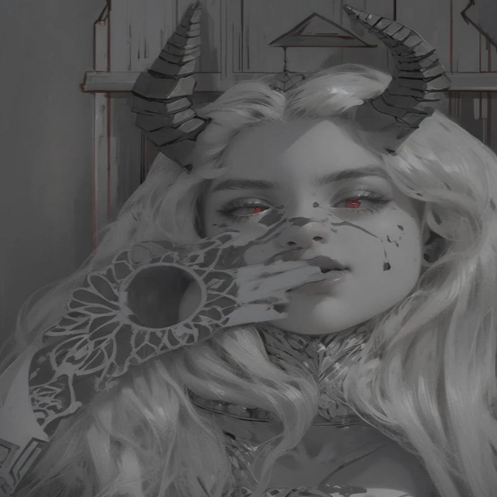 a close up of a woman with horns and a demon face, mostly greyscale, portrait of demon girl, demon girl, portrait demon half human, portrait of a female demon, white horns queen demon, detailed but rough, demon woman, inked digital, with horns, horns and red eyes, dnd portrait of a tiefling, drawn with photoshop, dark linework